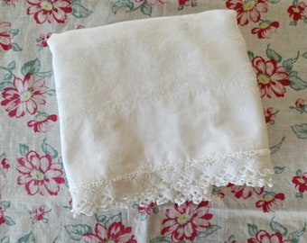 Vintage Cotton Damask Pillowcase With Lace Edge, White Cotton, Victorian Bedding, Shabby Chic Bedding, French Country