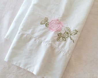 Pink Rose All Cotton Pillowcase, Embroidered, Soft Pink, Shabby Chic, Cottage Bedding, French Country
