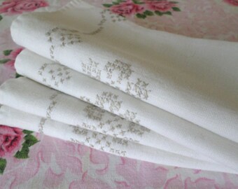 4 Cotton Hand Stitched Design Napkins, Beige, Cotton, Cloth, Luncheon Napkins, Dinner Napkins, Tea Party, French Country Kitchen