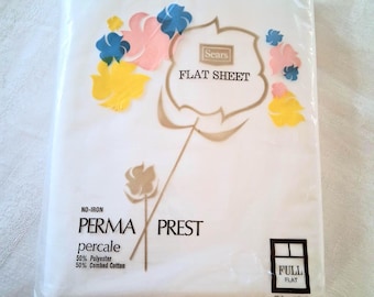 Vintage SEARS Full Flat Sheet, NOS, In Package, Unused, No Iron Penn Prest Percale, White Sheet, Cotton Blend, Vintage Bedding