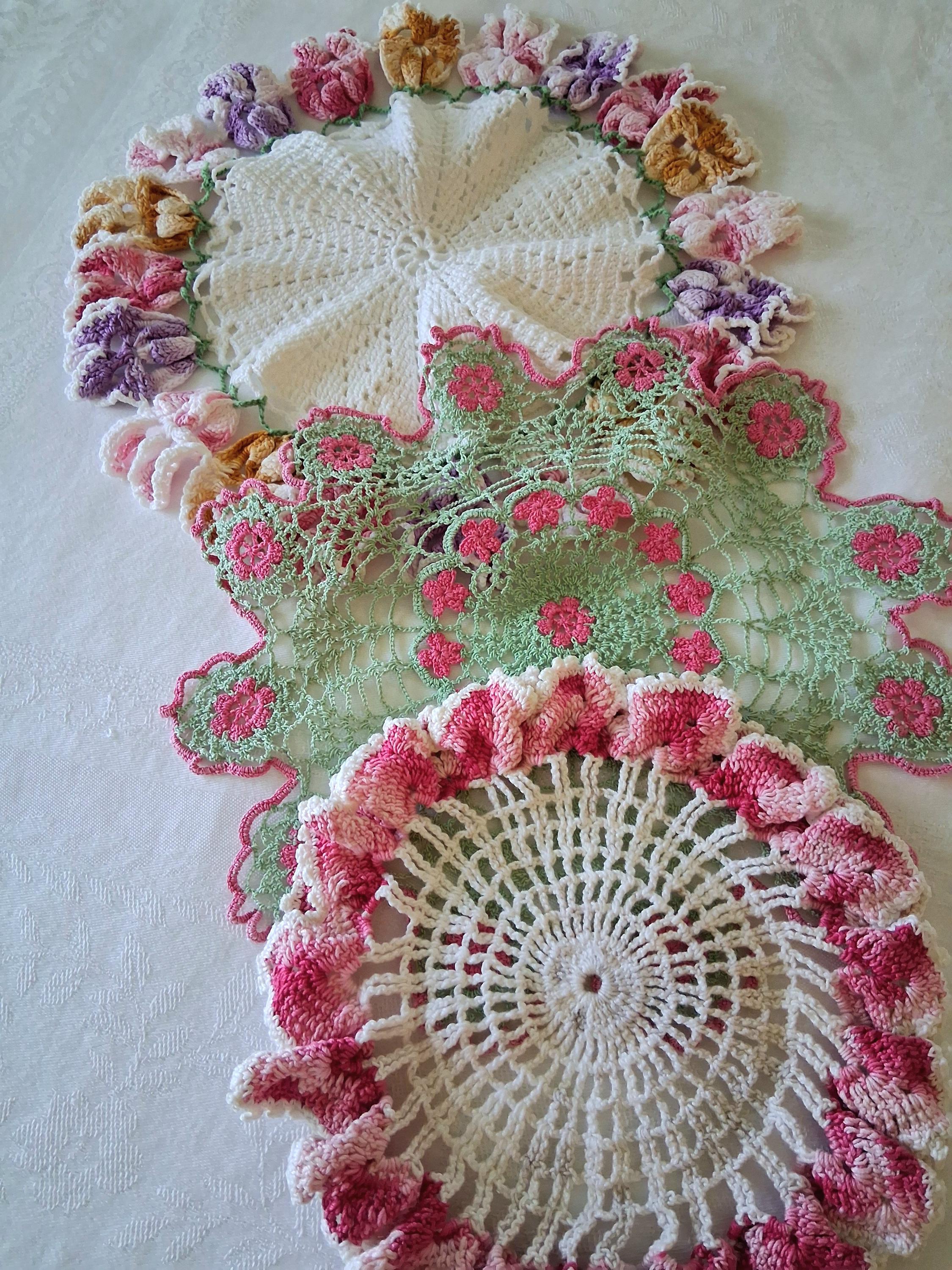 3 Lovely Vintage Doilies, Hand Made Table Doilies, Colorful, Cottagecore, Shabby Chic, Tea Party Victorian, French Country
