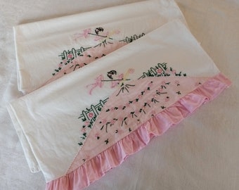 Victorian Lady Pillowcases, Fabric Applique, Hand Embroidered, Pink Gown, Cotton, Shabby Chic