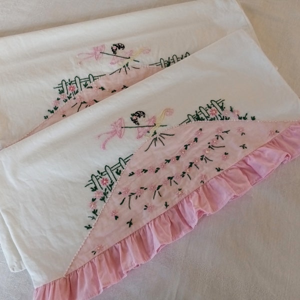 Victorian Lady Pillowcases, Fabric Applique, Hand Embroidered, Pink Gown, Cotton, Shabby Chic