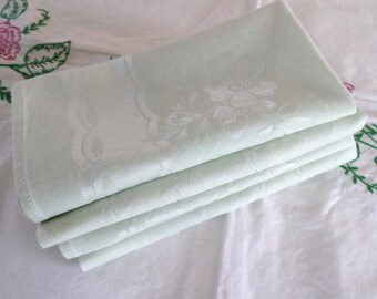 Set Of 4 Green Damask Napkins, Cotton Damask, Floral Pattern, Vintage Napkins, Cloth, English Tea Time, Luncheon Napkins