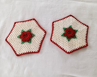 2 Vintage Crochet Hot Pads, Red Roses, Cream Colored, Crocheted Roses, Kitchen Decor, 1950s