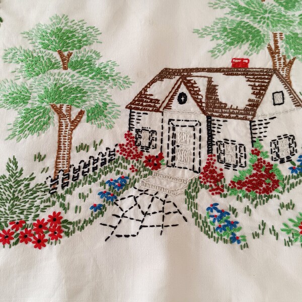 Vintage Finished Embroidery, Cottage In Woods, Home Is Best, Housewarming Gift, Cottage Garden, Hand Embroidered, Ready To Frame