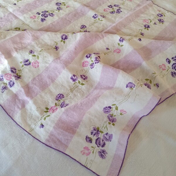 Vintage Purple Flower Tablecloth, Pink Flowers, Stripes, Cotton, Small Square Tablecloth, Tea Party, Shabby Purple