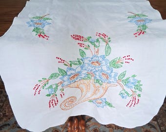 Vintage Hand Embroidered Table Runner with Blue Flowers, Floral Linen