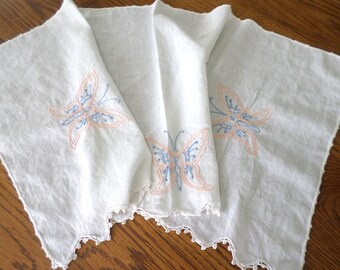 Delicate Embroidered Butterfly Runner, Table Runner, Dresser Scarf, Handmade Lace Edge, Cotton, Vintage Table Linen, Antique Linen