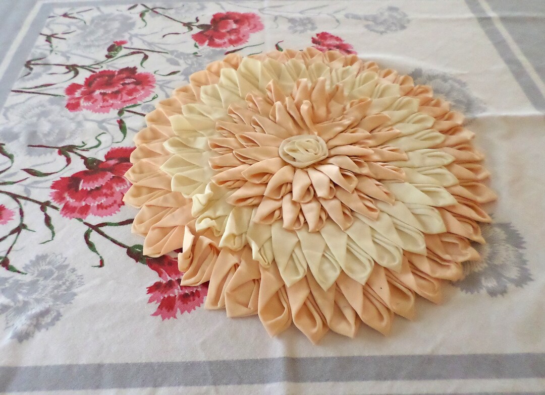 Antique Satin Ribbon Flower Pillow Cover Peach and Cream Etsy
