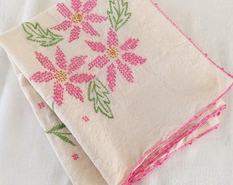 Hand Stitched Flower Tablecloth, Pink Flowers, Cotton, Cream Colored, Small Square Tablecloth, Cottagecore, Vintage Table Linen