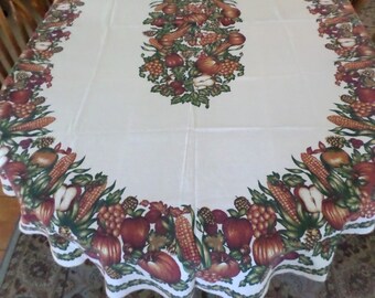 Large Autumn Harvest Tablecloth, Fall Decorating, Thanksgiving, 85 by 58 Inches, Corn, Apples, Plums, Grapes, Pumpkins, Vintage, Pine Cones