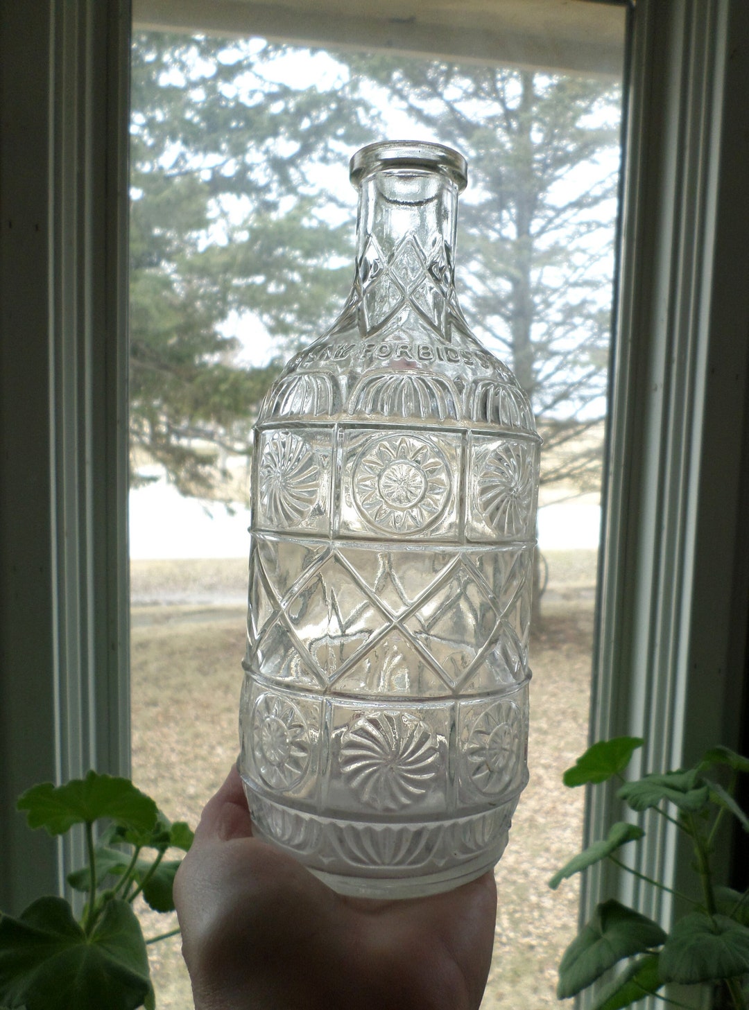 Antique Glass Liquor Bottle, Decanter, Clear Glass, Embossed Glass