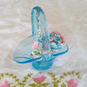 Vintage Turquoise Blue Glass Basket, Small Basket, Easter Basket, Jelly Bean Holder, Tiffin Glass Company, Aqua Blue