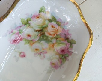 Vintage Cottage Roses Oval Snack Dish, Gold Painted Edge, Mignon Bavaria, Shabby Chic Dish, Victorian, Cottage Kitchen, Pink Roses