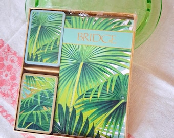 Vintage Caspari Palm Fronds Bridge Card Gift Set with Score Pad, 2 Companion Decks, Boxed