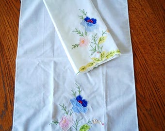 2 Floral Tea Towels with Blue and Pink Applique Flowers and Embroidery