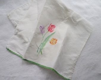 Vintage Tulip Print Tea Towel, Cotton, Tea Party, 1950s Towel, Fingertip Towel, Hand Towel, Cottage Kitchen, French Country