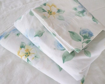 Springs Vintage Twin Sheet Set, Yellow Flowers, Blue Flowers, Elastic Corners, English Garden, Cotton, Twin Bedding, Fairy Bed, Cottagecore