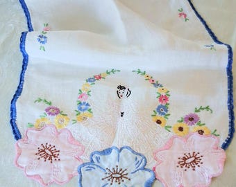 Vintage Hand Embroidered and Applique Table Runner, Victorian Girl and Flowers