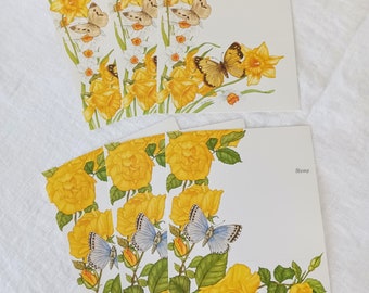 Actual Just a Notes 1979, Mariposas y flores, Narcisos amarillos, Rosas amarillas, Mariposa azul, Conjunto de 7, Elaboración de papel, Diarios basura