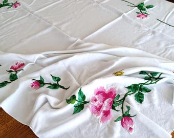 Gorgeous Hand Embroidered Tablecloth, Pink Roses, Crewel Embroidery, Yellow Butterflies, Oblong, White Tablecloth, Spring Table decor