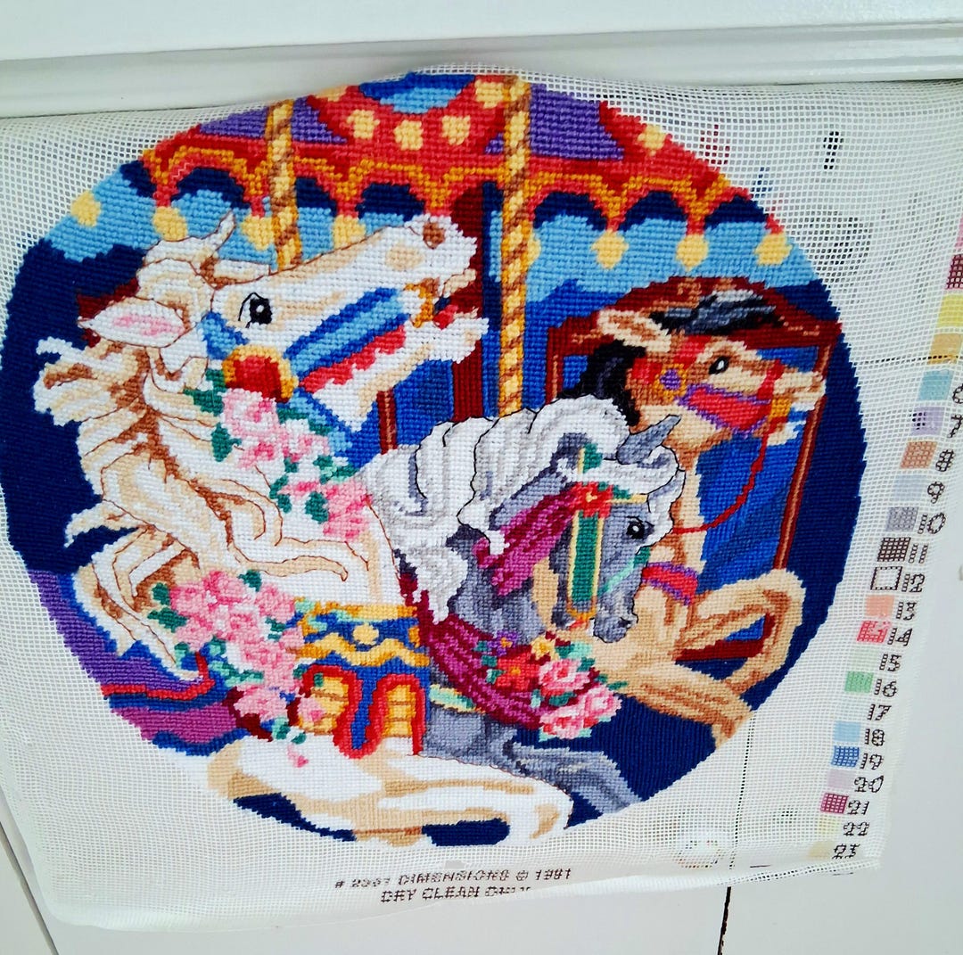 Carousel Needlepoint Vintage Carousel Trio Finished Needlepoint, Dimensions Embroidery ...