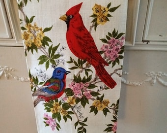 Vintage Pure Linen Bird Kitchen Towel, Parisian Prints, Red Cardinal, Blue Bird, Birds And Flowers, New Old Stock With Tag