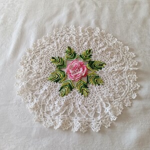 Large Handmade Pink Rose Lace Doily, Crocheted, White Cotton, Multi Layer Rose, Shabby Chic, Cottagecore, Dresser Doily image 2