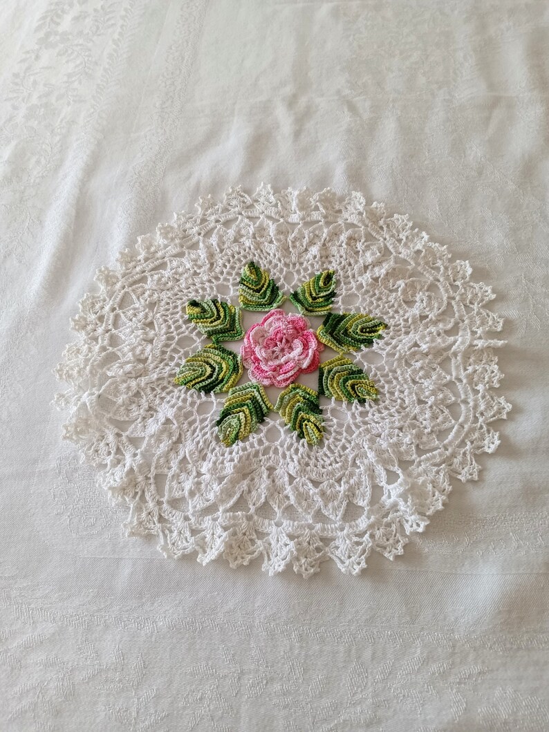 Large Handmade Pink Rose Lace Doily, Crocheted, White Cotton, Multi Layer Rose, Shabby Chic, Cottagecore, Dresser Doily image 2