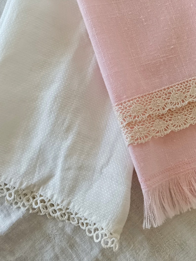 2 Vintage Tea Towels, Tatted Lace, Pink Linen Towel, White Cotton, Fingertip Towels, Tea Party, Shabby Chic image 2