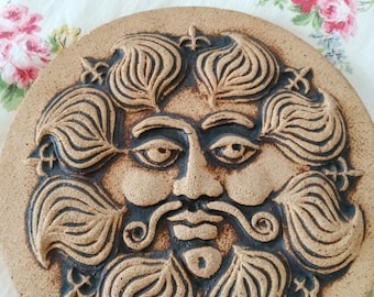 Vintage Folk Art Stoneware Sun Face, Pottery, John Wenzel, Sun Wall Tile, Stone Art