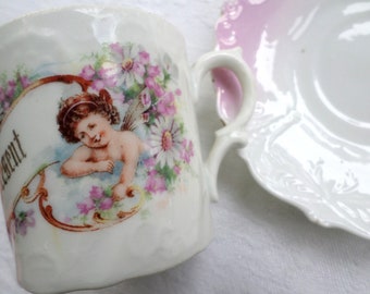 Antique Fairy Childs China Teacup & Saucer, A Present, Shabby Chic Dish, Victorian, Pink, Gold Painted Details