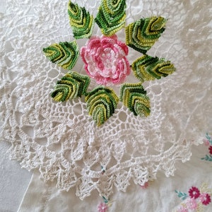 Large Handmade Pink Rose Lace Doily, Crocheted, White Cotton, Multi Layer Rose, Shabby Chic, Cottagecore, Dresser Doily image 3