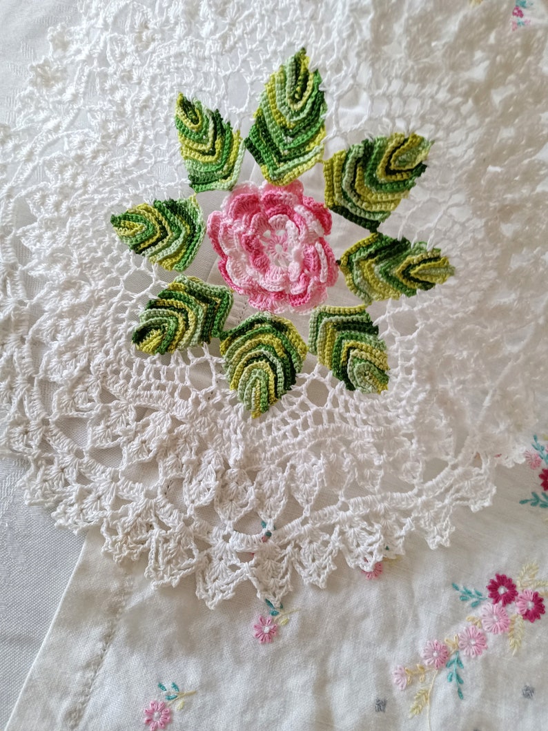 Large Handmade Pink Rose Lace Doily, Crocheted, White Cotton, Multi Layer Rose, Shabby Chic, Cottagecore, Dresser Doily image 3