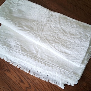 May include: White, folded, textured blanket with a detailed floral pattern. The blanket has a fringe along the edge. The blanket is made of a soft material and is folded on a wooden surface.
