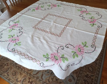 Hand Embroidered Pink Flower Tablecloth, Vintage, Hand Stitched, Cottage Kitchen, Shabby Chic, French Country