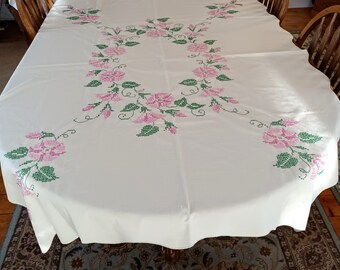 Hand Stitched Morning Glory Tablecloth, Pink Flowers, Vintage, Cream Colored, Oblong, Spring Party, Garden Party, Flowering Vine