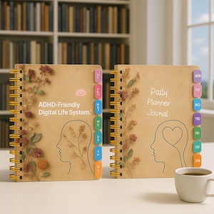 May include: Two spiral-bound journals with tan covers. One journal has the text "ADHD-Friendly Digital Life System." and the other reads "Daily Planner Journal." Both feature floral accents and day-of-the-week tabs. A white mug sits on the table.