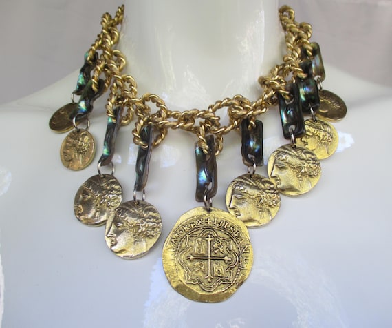 LES BERNARD Coin and Abalone Necklace w/matching … - image 1
