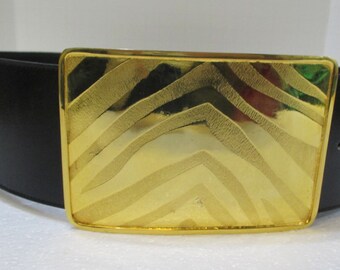 ROSENFELD Vintage 1972 Black Leather Belt w/Rectangular Tiger Print Brass Buckle