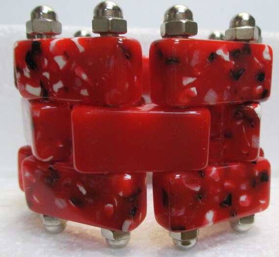 Red Bakelite Confetti and Chrome Bracelet