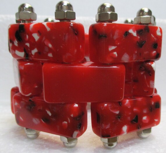 Red Bakelite Confetti and Chrome Bracelet - image 2