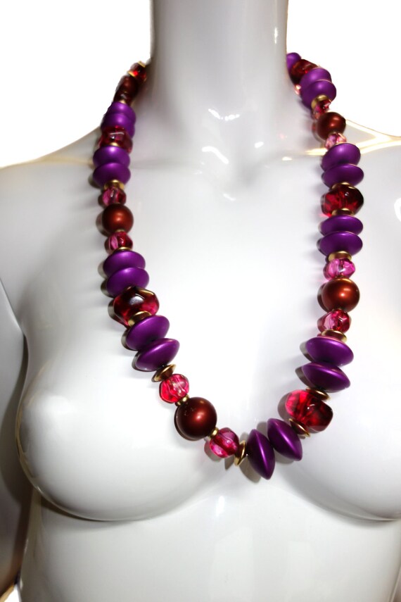 YSL Yves Saint Laurent Red & Magenta Beaded Neckl… - image 2