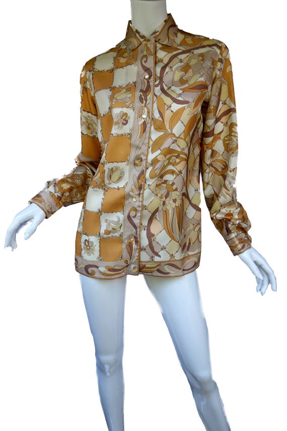 EMILIO PUCCI 60s Brown Cream Silk Blouse