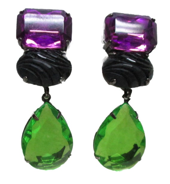LES BERNARD Purple and Apple-Green Drop Earrings