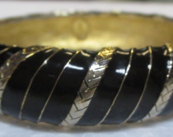 Vintage YSL Yves Saint Laurent Black Enamel and Herringbone Gilt Striped Bracelet