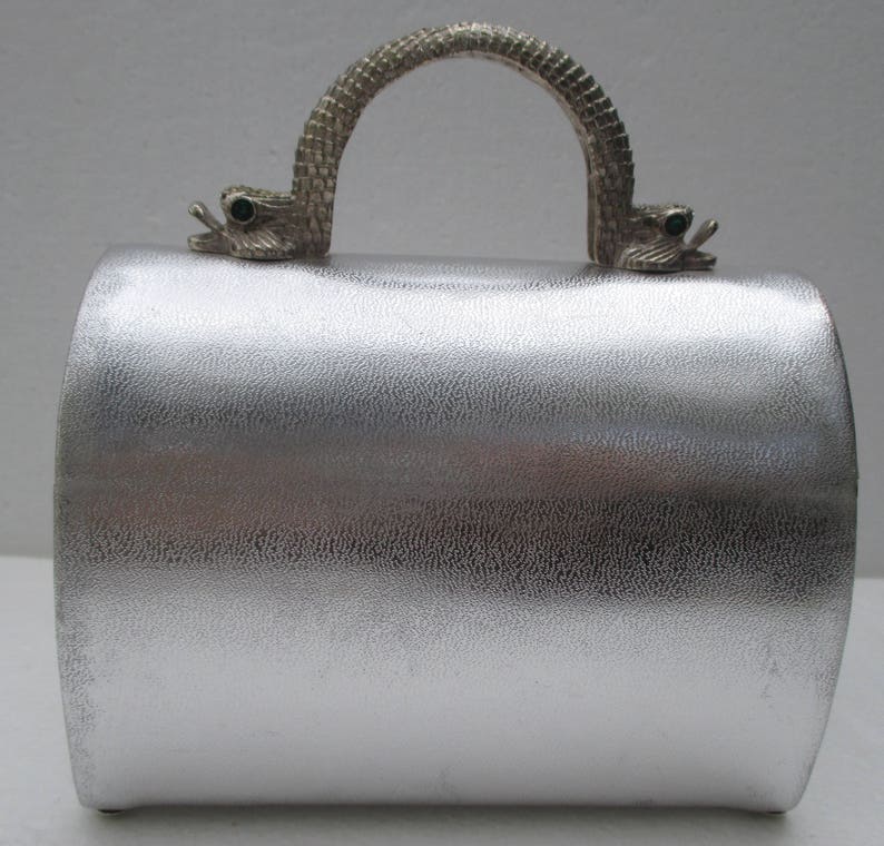 ARNOLD SCAASI Vtg Silver Leather Domed Box Purse with Metal Dolphin Handle SALE image 2