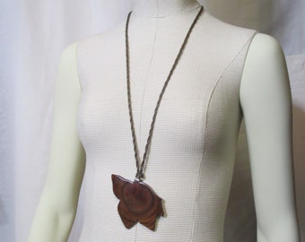 Vintage YSL Yves Saint Laurent  Wood Leaf Pendant Necklace