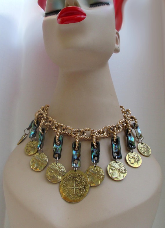 LES BERNARD Coin and Abalone Necklace w/matching … - image 2